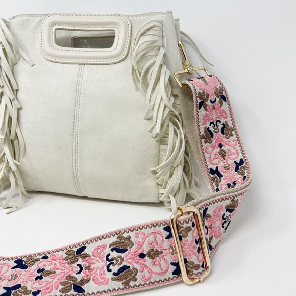 Ahdorned Cream Faux Suede Fringe Crossbody Bag with Pink Brown Wide Boho Strap - Picture 2 of 11